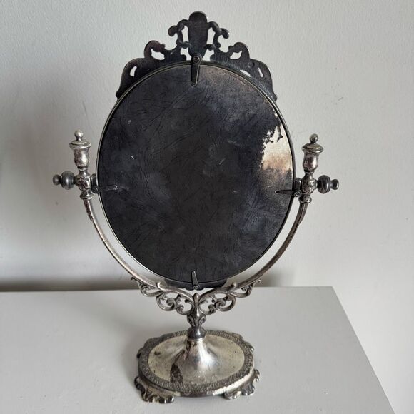 Italian Die Cast Ornate Brass Table Swing Mirror In Silver Finish - Picture 5 of 9